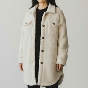 Vigoss Women's Sherpa Teddy Coat Jacket‎ Cozy Fleece Long Cream size Large